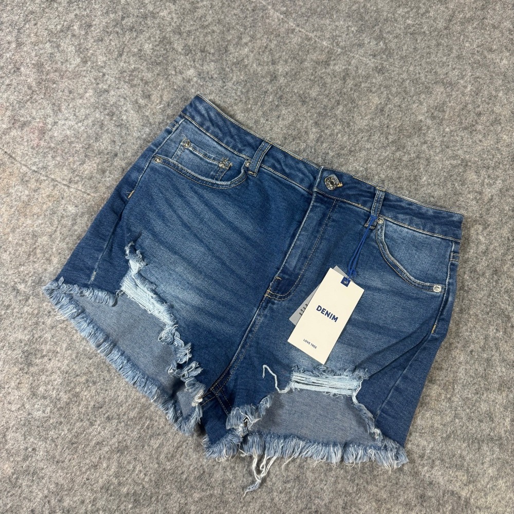 Love Tree Womens High Waist Distressed Denim Shorts Medium Wash Blue Size L NWT